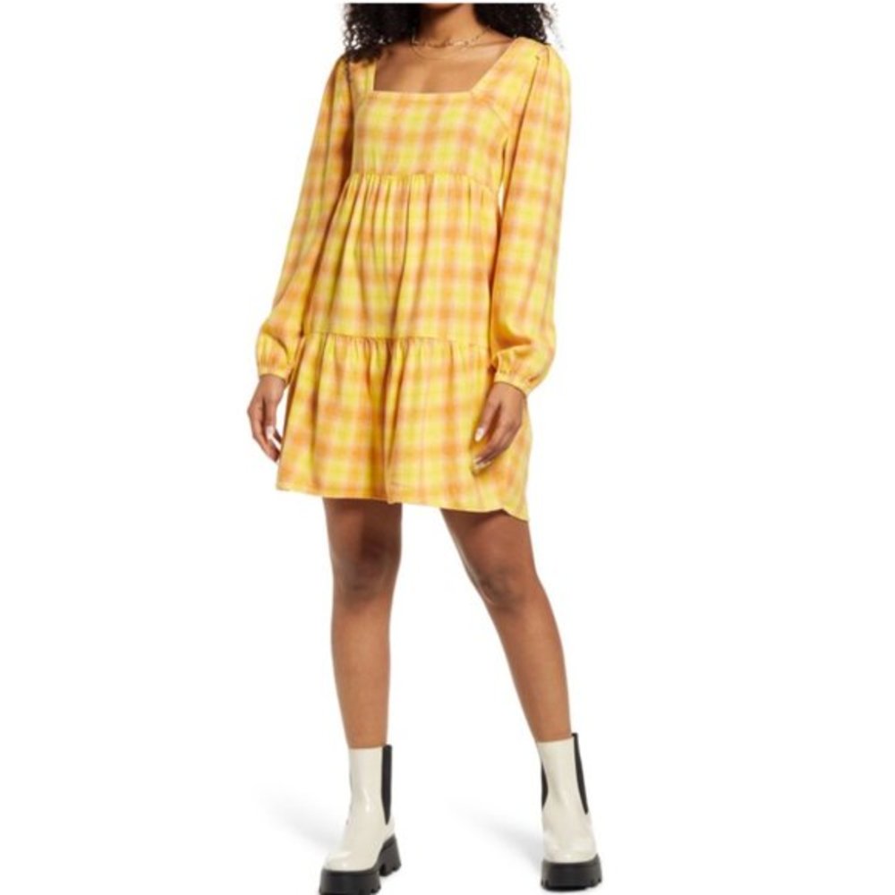 NEW Nordstrom bp. plaid long sleeve mini dress tan jordy plaid xs